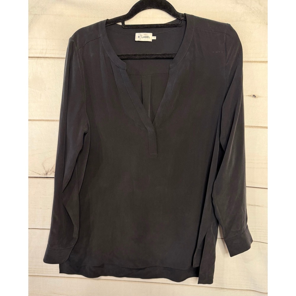 R‎ Label Black 100% Silk V Neck Long Sleeve Tunic Blouse Top Size M